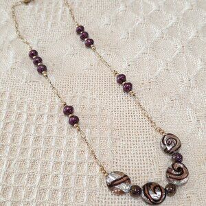 Vintage Murano Peacock Crimson Glass Pearl Amethyst Cat Eye Bead 14k/20 Necklace